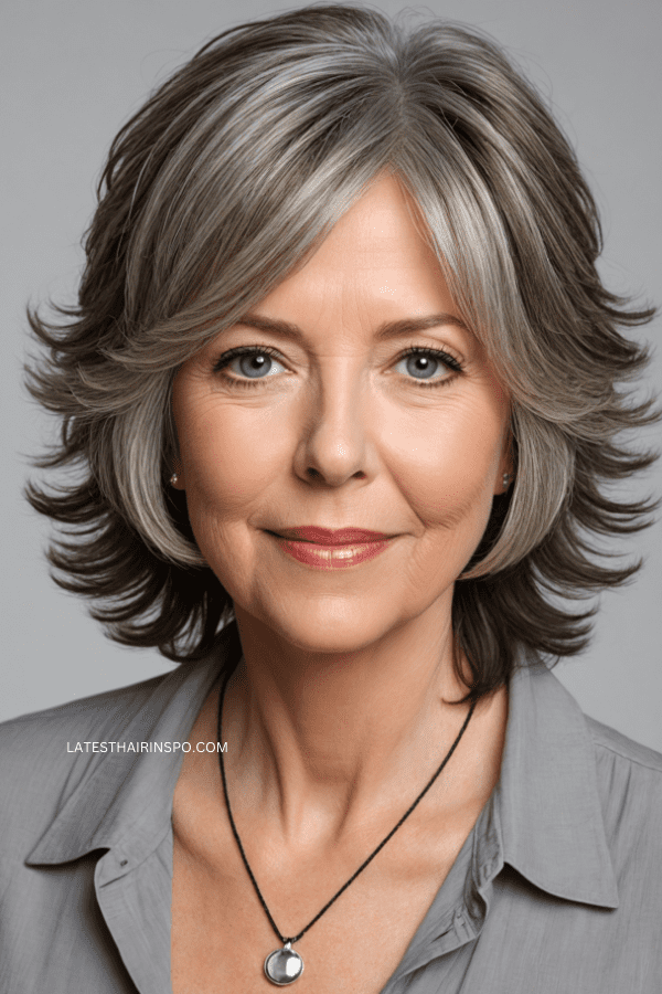 Shag Haircuts for Women Over 60, Layered Shaggy Lob with Side-swept Bangs