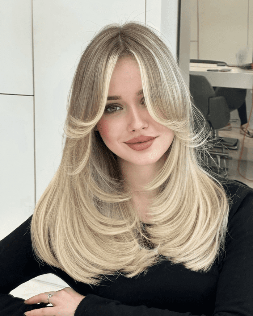 Butterfly cut with face-framing layered haircut for blonde hair