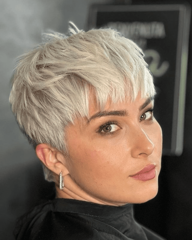 Platinum Blonde Textured Pixie with Fringe