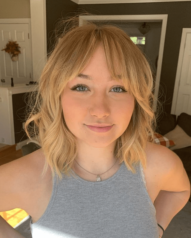 Textured Golden Blonde Lob with Curtain Fringe