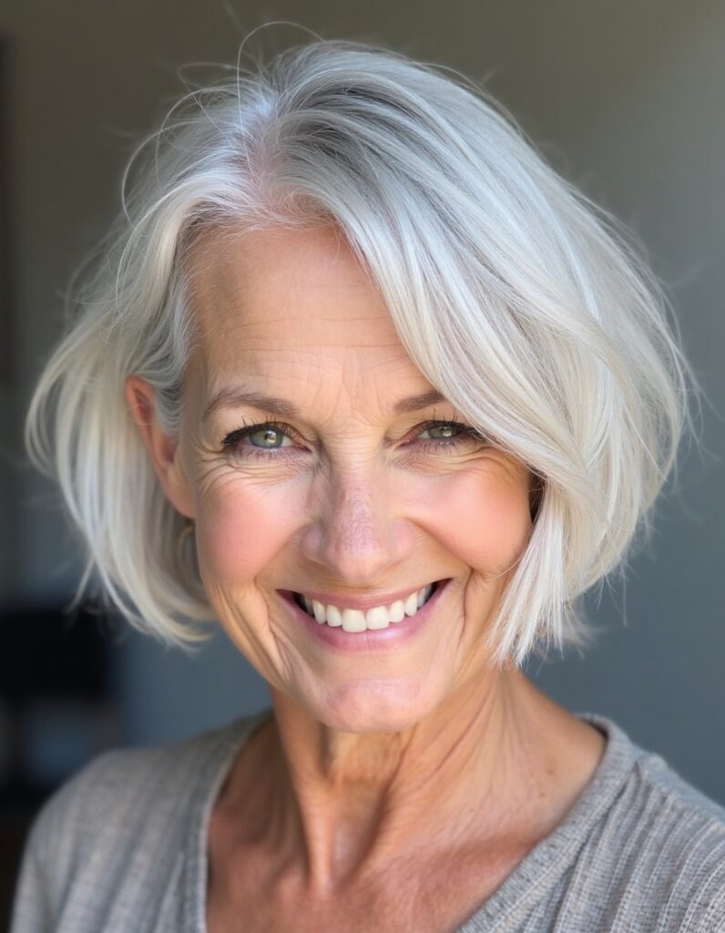 Side-Parted Silver Bob haircut for women over 60