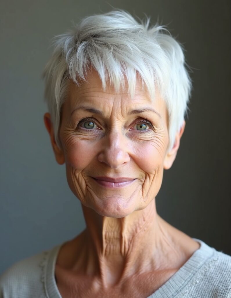 Textured pixie haircut with side bangs for women over 60