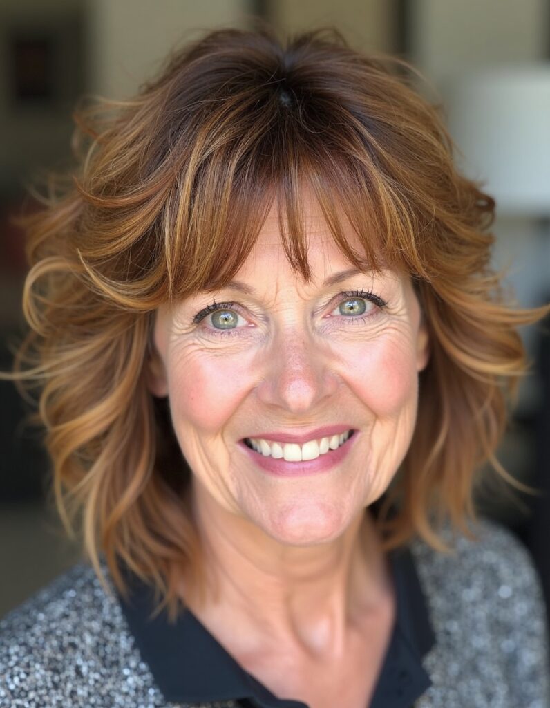 Tousled Caramel Shag haircut for women over 60